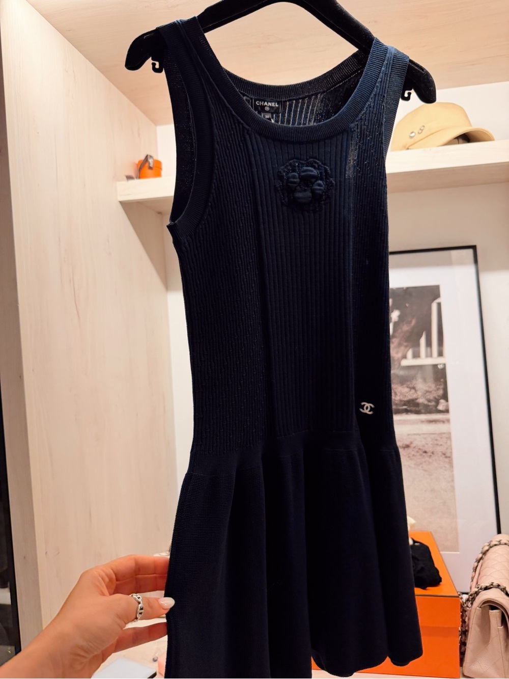 CHANEL Black Ribbed Sleeveless Girls Dress with Signature Emblem